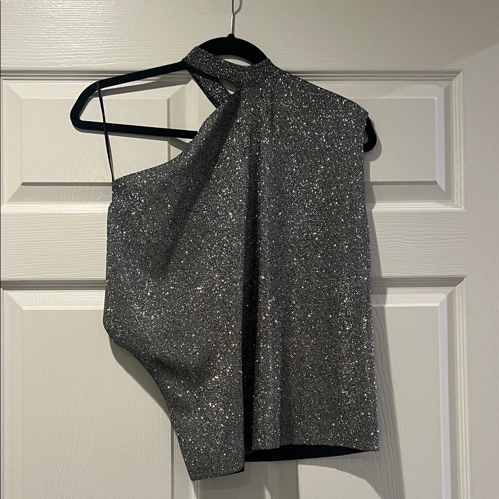 RTA Silver Sparkle One Shoulder Going Out Top XS NWOT - Picture 3 of 8